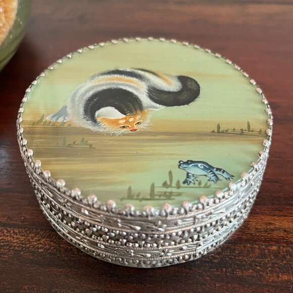 Rare Vintage Cat & Frog Jewelry Vanity Trinket Box Asian Make Up Mirror 1930-50s - Picture 1 of 8